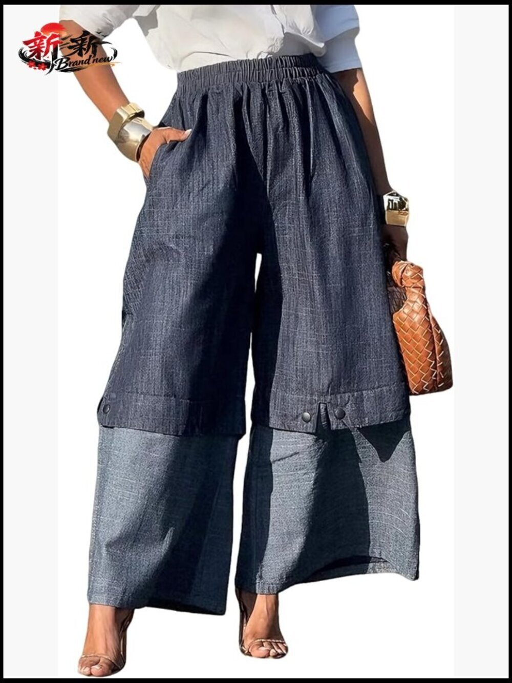 Wide Leg Pants for Women Cotton Elastic High Waisted Patchwork Palazzo Trousers